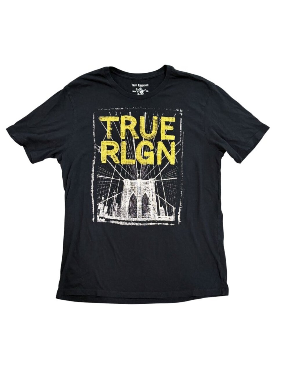 True Religion Bridge Tee Short Sleeve Cotton Casual Black Crew T-Shirt Mens LG